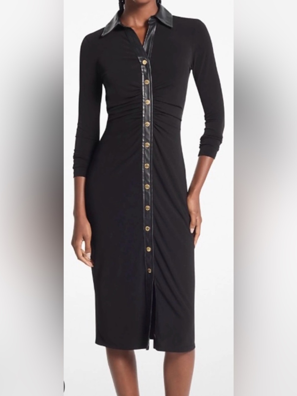 Michael Kors Button-Front Midi Shirt Dress with Faux Leather Trim - Picture 1 of 9